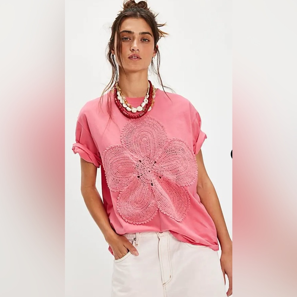 Free People Pink-coral Crochet Detail Tee Oversized.  ..THE TALES..